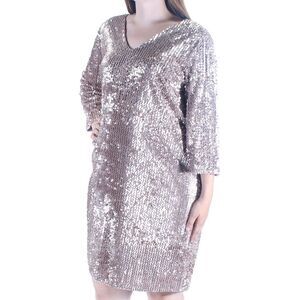 ALFANI Womens Beige Sequined Long Sleeve V Neck Knee Length Dress Size: 6